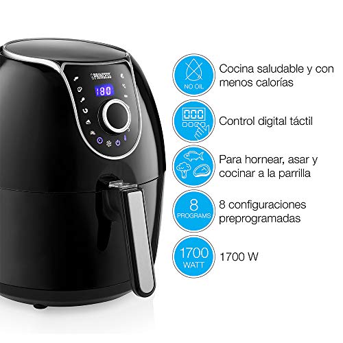 Princess 182055 - Aerofryer Familiar XXL, Pantalla Digital con Botón Táctil, Capacidad: 5.2 litros, 1700 W, Negro