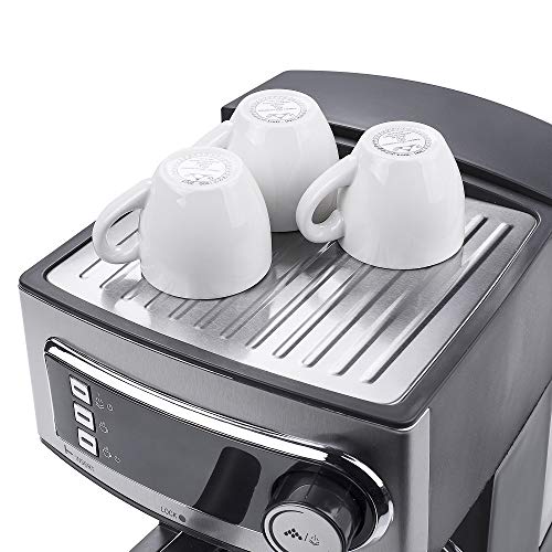 Princess 249407 Máquina de café Espresso, 15 bares de presión, depósito de agua extraíble de 1.6 l, vaporizador de leche para Capuccino o Latte Macchiato, 850 W, Plateado y Negro