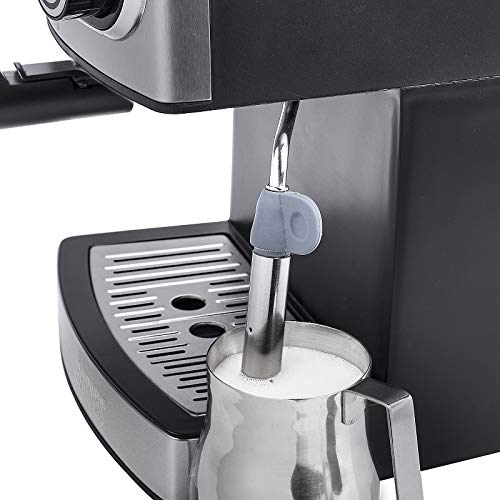 Princess 249407 Máquina de café Espresso, 15 bares de presión, depósito de agua extraíble de 1.6 l, vaporizador de leche para Capuccino o Latte Macchiato, 850 W, Plateado y Negro