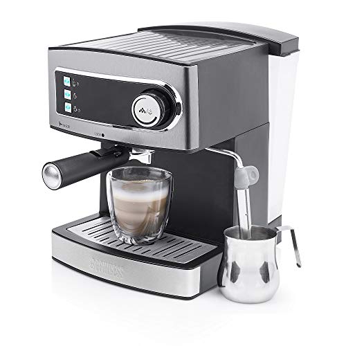 Princess 249407 Máquina de café Espresso, 15 bares de presión, depósito de agua extraíble de 1.6 l, vaporizador de leche para Capuccino o Latte Macchiato, 850 W, Plateado y Negro