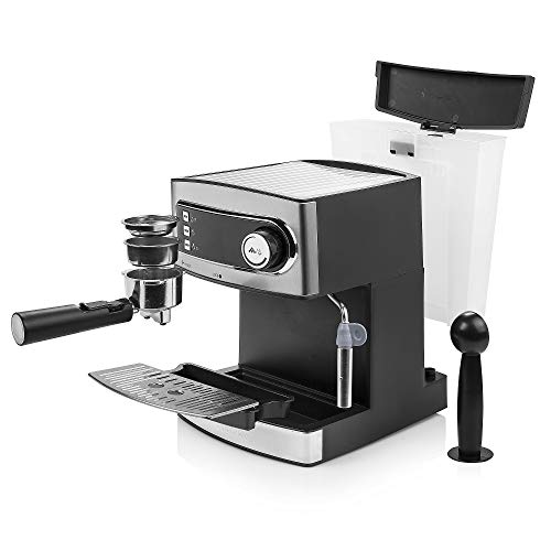 Princess 249407 Máquina de café Espresso, 15 bares de presión, depósito de agua extraíble de 1.6 l, vaporizador de leche para Capuccino o Latte Macchiato, 850 W, Plateado y Negro