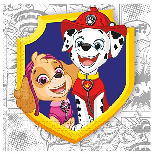 Procos 91668 – Servilletas de Paw Patrol, Yelb For Action, 33 x 33 cm, 20 unidades, compostables, decoración de mesa de superhéroes, cumpleaños infantiles, fiestas temáticas