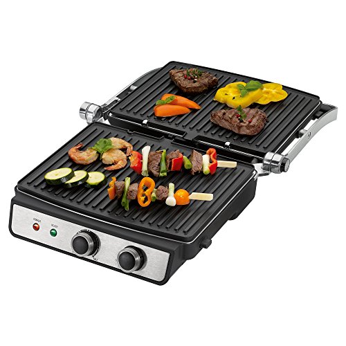 Proficook PC-KG 1029 Grill de asar con tapa basculante, doble apertura 180º, 2000 W, Acero Inoxidable, Negro y Gris