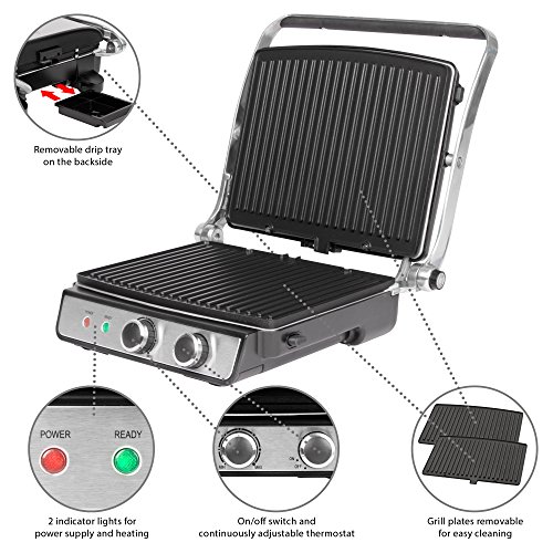 Proficook PC-KG 1029 Grill de asar con tapa basculante, doble apertura 180º, 2000 W, Acero Inoxidable, Negro y Gris