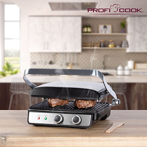 Proficook PC-KG 1029 Grill de asar con tapa basculante, doble apertura 180º, 2000 W, Acero Inoxidable, Negro y Gris