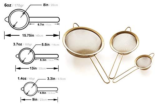 Proto Future Coladores Premium de Acero Inoxidable 304 con Malla Fina - 8.5/14/20cm - Calidad Profesional - Coladores de Cocina, (Dorado)