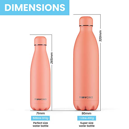 Proworks Botellas de Agua Deportiva de Acero Inoxidable | Cantimplora Termo con Doble Aislamiento para 12 Horas de Bebida Caliente y 24 Horas de Bebida Fría - Libre de BPA - 500ml – Melocotón