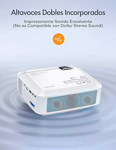 Proyector, APEMAN Mini Proyector Portátil en Casa, Soporte HD 1080P, 5000 Lúmenes, Pantalla Grande, Altavoces Duales, 50000 Horas Vida, Compatible con TV Stick, PS4 (Cable HDMI / RCA Incluido)