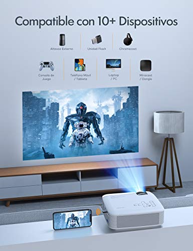 Proyector, APEMAN Mini Proyector Portátil en Casa, Soporte HD 1080P, 5000 Lúmenes, Pantalla Grande, Altavoces Duales, 50000 Horas Vida, Compatible con TV Stick, PS4 (Cable HDMI / RCA Incluido)