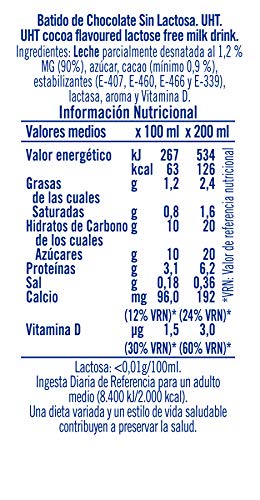 Puleva Batido de Chocolate Sin Lactosa - Pack de 6 x 200 ml - Total: 1200 ml