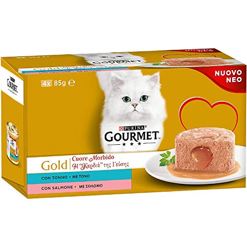 Purina Gourmet Gold - Comida húmeda para Gatos Adultos, corazón Suave con atún, salmón, 48 latas de 85 g Cada una, 12 Paquetes de 4 x 85 g