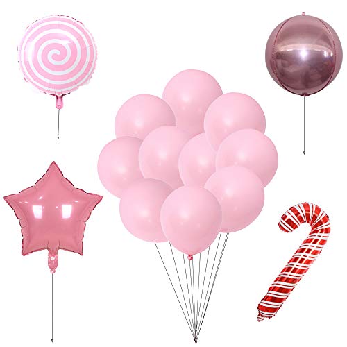 QAQGEAR Pink Party Pearl Macaroon pink lollipop papel de aluminio de cinco puntas estrella globo bola de polvo pared pastel bastón de caramelo látex de color hermoso kit de fiesta