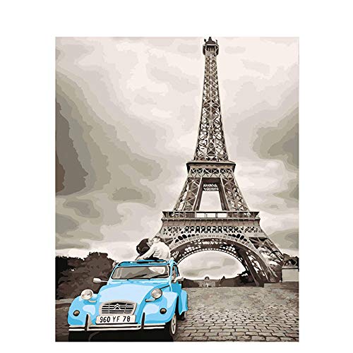 QRTQ Pintura al óleo de DIY por Kits Torre Eiffel Pareja Besándose Pintura por Números con Pinceles y Pinturas Decoraciones for Adultos, Mayores, Niños, Joven (Sin Marco, 40x50cm)