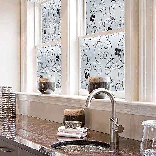 Qualsen Vinilo para Ventana Vinilo para Cristal de Privacidad Vinilo de Ventana Esmerilada Decorativa para Baño Despacho Cocina Anti-UV 44.3 x 400 cm, Flor Negra