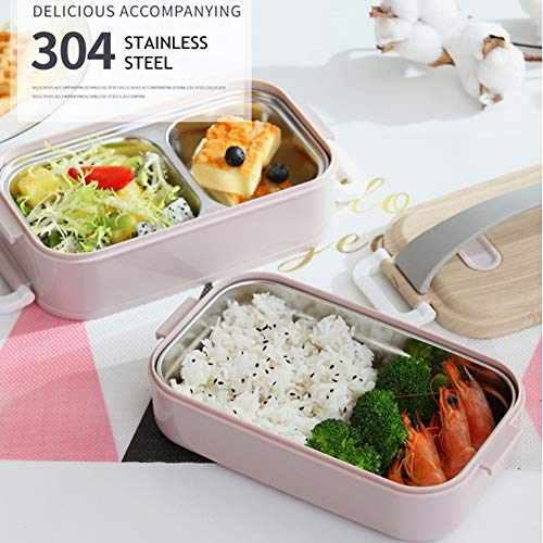 Queta Bento box. Fiambrera de acero inoxidable con vetas de madera. Bento Box de doble capa de 1,6 lcolor blanco para estudiantes + tenedor de porcelana azul y blanco, cuchara y palillos.