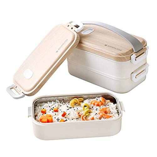 Queta Bento box. Fiambrera de acero inoxidable con vetas de madera. Bento Box de doble capa de 1,6 lcolor blanco para estudiantes + tenedor de porcelana azul y blanco, cuchara y palillos.