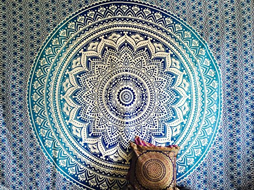 Raajsee Tapices de pared color azul tipo mandala de doble tamaño, diseño de pavo real, psicodélico, ropa de cama estilo indio, colgante de pared bohemio, cubierta de cama de estampado floral, tapiz hippie de raajsee (54 84)