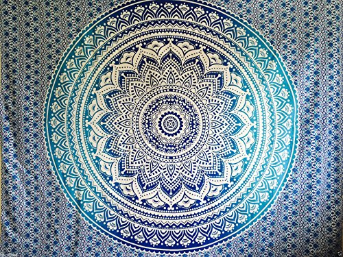 Raajsee Tapices de pared color azul tipo mandala de doble tamaño, diseño de pavo real, psicodélico, ropa de cama estilo indio, colgante de pared bohemio, cubierta de cama de estampado floral, tapiz hippie de raajsee (54 84)