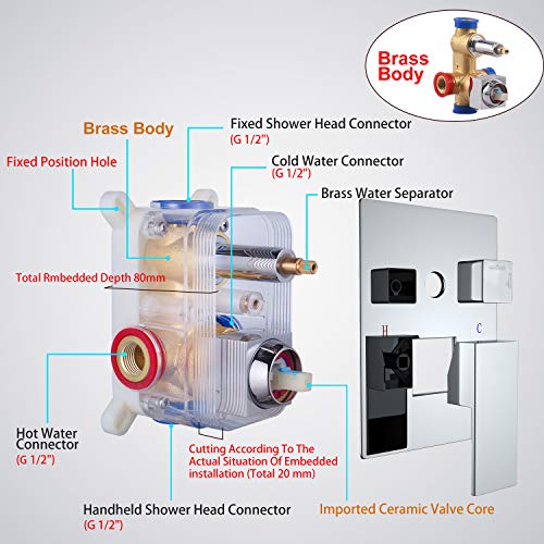 Rainsworth Sistema de Ducha – Cromo Grifos de Ducha Empotrados Set – Tecnología de inyección de Aire – Cabeza de Ducha Cuadrada de 10 Pulgadas – Fácil instalación – Acero Inoxidable y Latón