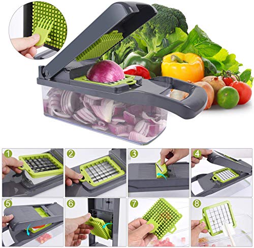 Ram® Mandolina 13 en 1 cortador de verduras y triturador de alimentos Dicer Dicer cuchillas intercambiables, picador, recipiente de alimentos, todo en uno