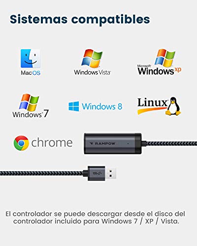 RAMPOW Adaptador de Red USB A a Ethernet Gigabit Adaptador para Switch, USB 3.0 a RJ45 Gigabit Ethernet LAN Tarjeta de Red 1000 Mbps con Laptop y Consola de Juegos, Switch, Macbook, DELL y más