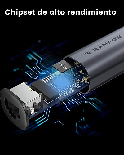 RAMPOW Adaptador de Red USB A a Ethernet Gigabit Adaptador para Switch, USB 3.0 a RJ45 Gigabit Ethernet LAN Tarjeta de Red 1000 Mbps con Laptop y Consola de Juegos, Switch, Macbook, DELL y más