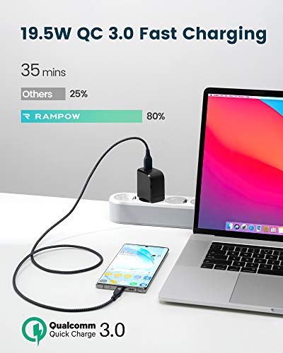 RAMPOW Cargador USB 19.5W Cargador de Red con Quick Charge 3.0 Cargador USB Pared Cargador Móvil para Teléfonos y Tabletas, iPhone, iPad, Samsung, LG, HTC, Sony, Huawei, Xiaomi y más - Negro