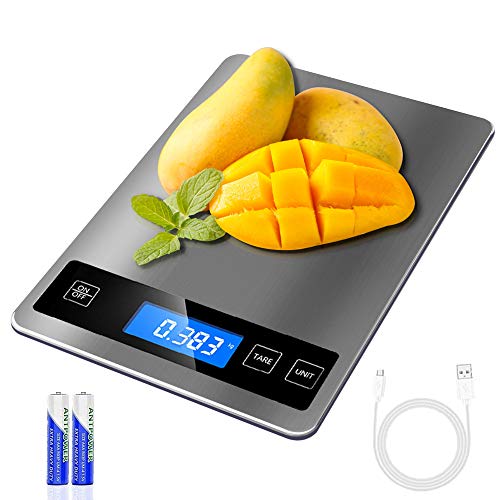 REEXBON Báscula Digital para Cocina de Acero Inoxidable, 15 kg/33 lbs Bascula Comida de Precisión, Balanza de Alimento Multifuncional, Peso de Cocina con LCD Retroiluminación, Carga de Batería o USB