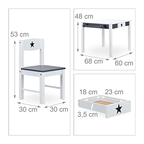 Relaxdays 10022744 Mobiliario Infantil Star, Mesa y sillas de Madera, Zona de Actividades, Unisex, Estrella, Blanco y Gris, DM, 48 x 68 x 60 cm