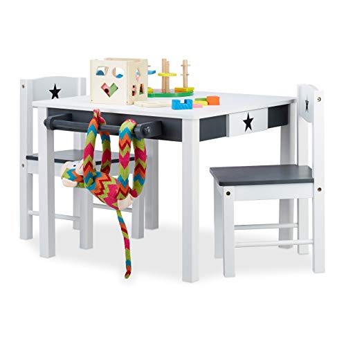 Relaxdays 10022744 Mobiliario Infantil Star, Mesa y sillas de Madera, Zona de Actividades, Unisex, Estrella, Blanco y Gris, DM, 48 x 68 x 60 cm