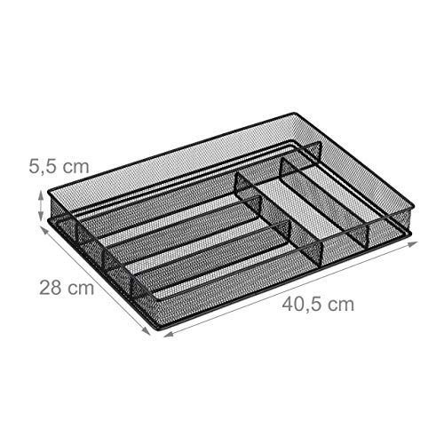 Relaxdays 10028946_46 Cubertero, 6 Compartimentos, Diseño Malla, Organizador de Cubiertos, 1 Ud, Acero, 5.5 x 28 x 40.5 cm, Negro