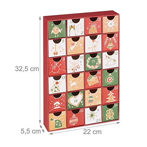 Relaxdays, 32,5 x 22 x 5,5 cm Calendario Adviento para Rellenar 24 Cajas, Cartón, Multicolor, Diseño