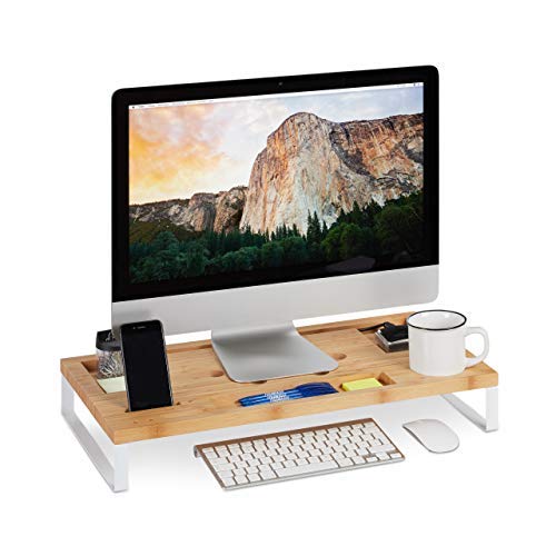 Relaxdays, 9 x 60 x 30 cm Soporte Monitor y Portátil para Escritorio, Madera de Bambú y Hierro, Blanco