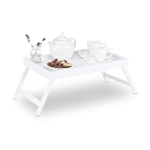 Relaxdays Bandeja Cama con Patas Plegables, Madera, Blanco, 22 x 64 x 31 cm