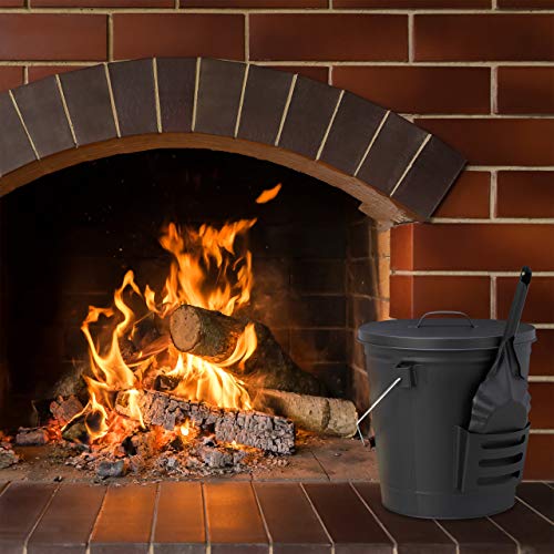 Relaxdays Cubo Cenizas con Tapa, Pala y Asa, para Chimenea y Barbacoa, Metálico, Acero, 19 L, Negro