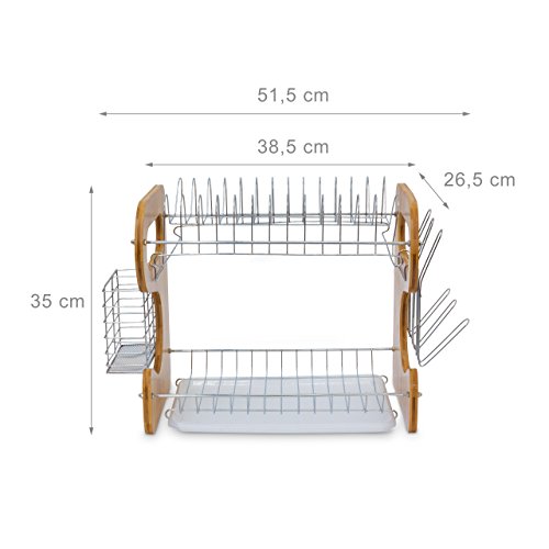 Relaxdays Escurridor Platos de 2 Pisos, Bandeja de Goteo, Soporte para Vasos y Tazas, 35 x 51 x 26,5 cm, Bambú y Metal, Hierro Cromado, Marrón