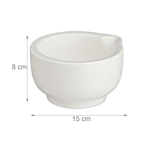 relaxdays Mortero Cocina de Porcelana con Maza, Cerámica, 8 x 14 x 15 cm, Blanco