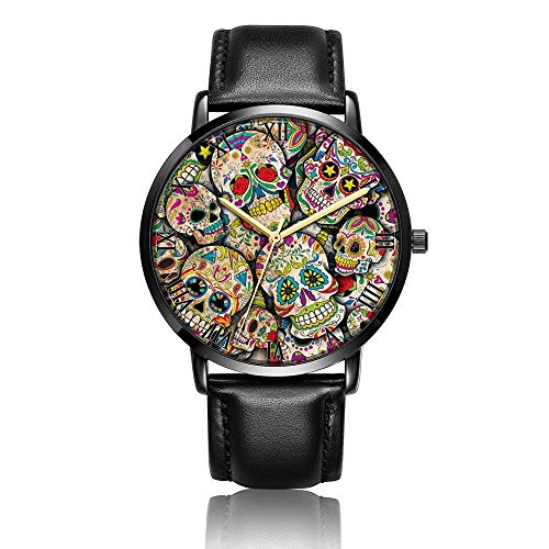 Reloj de Pulsera con Calavera de Caramelo Personalizado, Unisex, analógico, de Cuarzo, Moda, Tira de Cuero Negro/Placa de Esfera Negra para niños y niñas