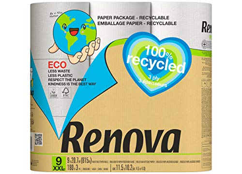 Renova Papel Higiénico 100% Recycled - 9 Rollos 100% Reciclados & Envueltos en Papel Sin Plásticos