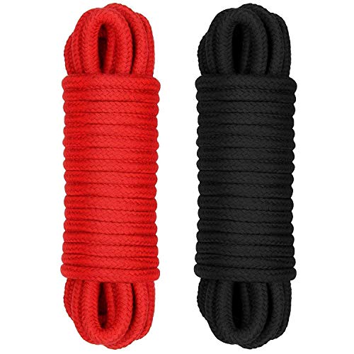 RianGor Paquete 2 Cuerdas multipropósito Soft - 32 pies de largo, diámetro de 1/3 de pulgada (negro y rojo)