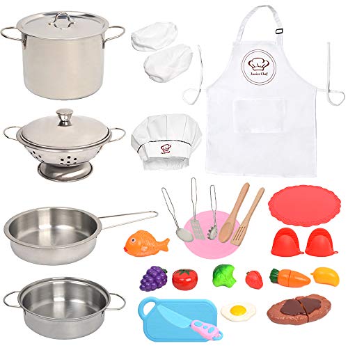 Rigrer Juguetes de simulación de Cocina, con ollas y ollas de Acero Inoxidable, Utensilios de Cocina, Delantal y Gorro de Chef, Kit de Corte de Verduras, Adecuado para niños, niños pequeños-31 Piezas