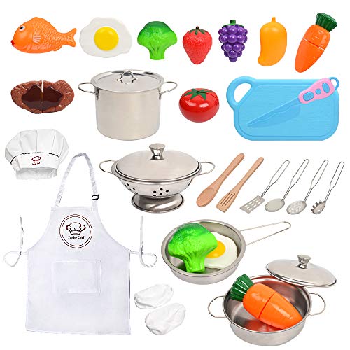 Rigrer Juguetes de simulación de Cocina, con ollas y ollas de Acero Inoxidable, Utensilios de Cocina, Delantal y Gorro de Chef, Kit de Corte de Verduras, Adecuado para niños, niños pequeños-31 Piezas