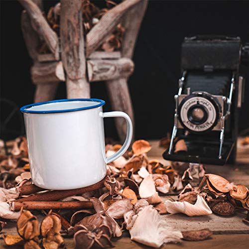 Rink Drink Taza de café o té - Esmalte Blanco Tradicional y Borde Azul - 350 ml - Pack de 6