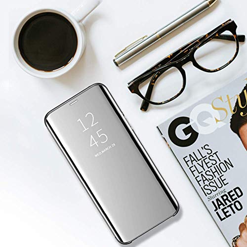 Riyeri Funda para Samsung Galaxy S10 Plus Suave + Duro Carcasa Espejo Mirror Flip Caso Ultra Delgada Shock Caja del Galaxie S10 Plus Teléfono Translucent Window View (Samsung Galaxy S10+, Plata)