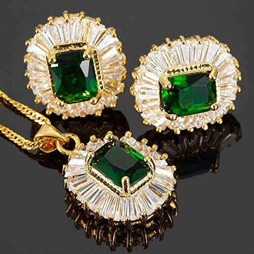 Rizilia Conjunto de Joyas Colgante con 45cm(18") Cadena & Stud Pendientes Corte Rectangular Piedras Preciosas Circonita CZ [Esmeralda Verde] en 18K Chapado en Oro Amarillo, Elegancia Moderna