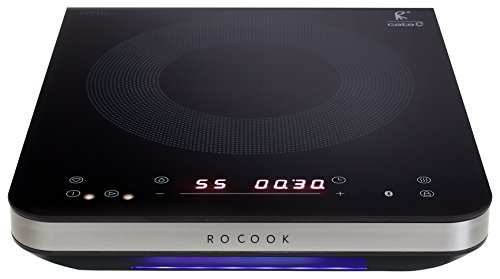 Rocook | Placa de inducción modelo Induction BK | Vitroceramica portátil | 2000 W de potencia | Cristal Negro | 295X365X64 mm | Incluye pinza para sartén