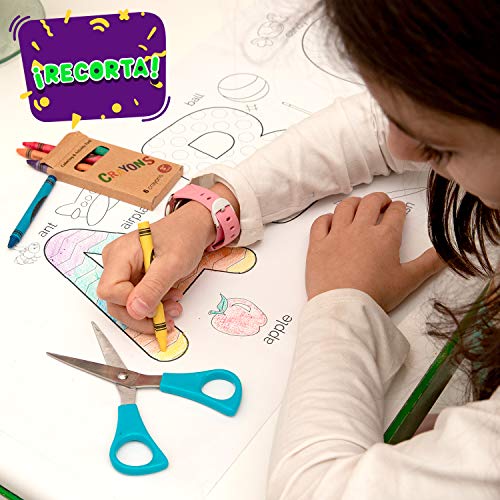 Rollo de papel con dibujos para pintar. Papel continuo adhesivo para niños con letras para colorear, ideal para manualidades infantiles. Regalo para niños (+3 años). Ceras de colores incluidas