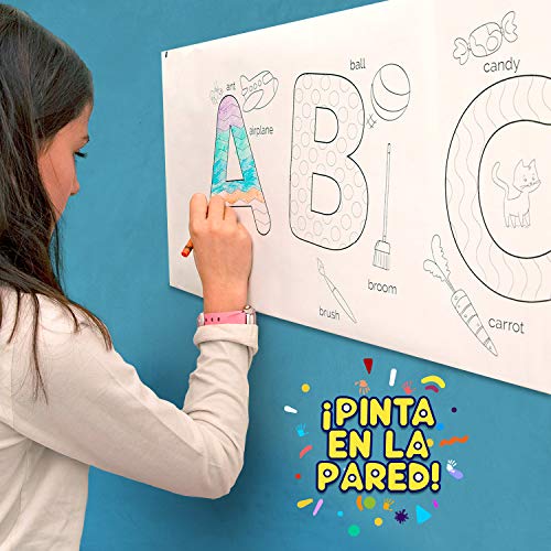 Rollo de papel con dibujos para pintar. Papel continuo adhesivo para niños con letras para colorear, ideal para manualidades infantiles. Regalo para niños (+3 años). Ceras de colores incluidas