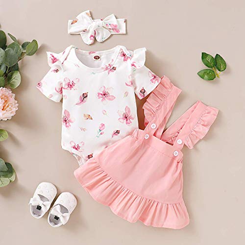 Ropa de bebé recién nacido, verano, volantes, manga corta, pelele + falda de flores con cinta para la cabeza Blanco-2 3-6 Meses