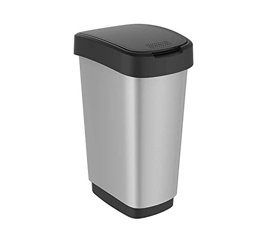 Rotho Twist, Cubo de basura de 50l con tapa, Plástico PP sin BPA, negro, plateado, 50l 40.1 x 29.8 x 60.2 cm